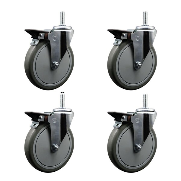 6 Inch Gray Polyurethane Wheel Swivel 58 Inch Threaded Stem Caster Set with Brake SCC